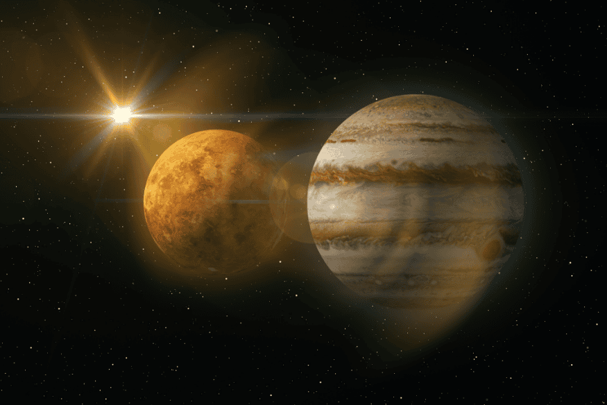 Ilustração espacial com o Sol, um planeta rochoso e Júpiter alinhados em uma linha visual.