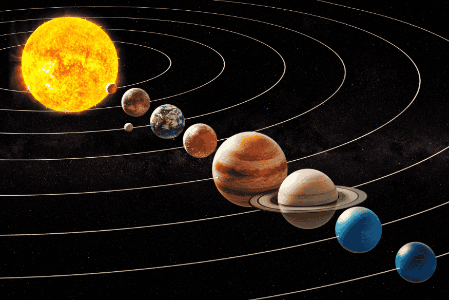 Diagrama do sistema solar com os planetas alinhados em suas órbitas, com o Sol à esquerda.