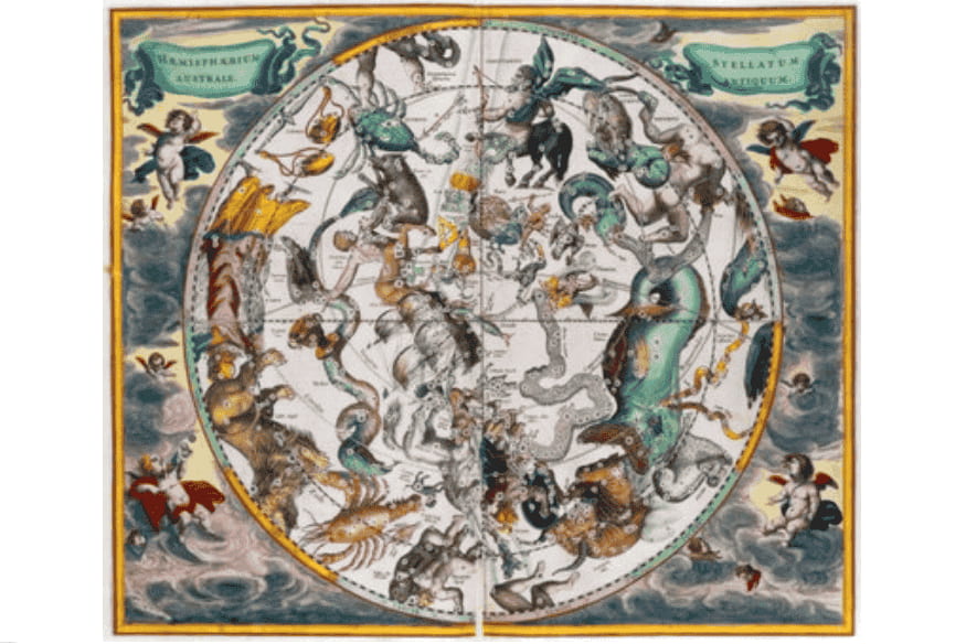 Ilustração barroca do “Mapa do Céu” de Andreas Cellarius com constelações mitológicas
