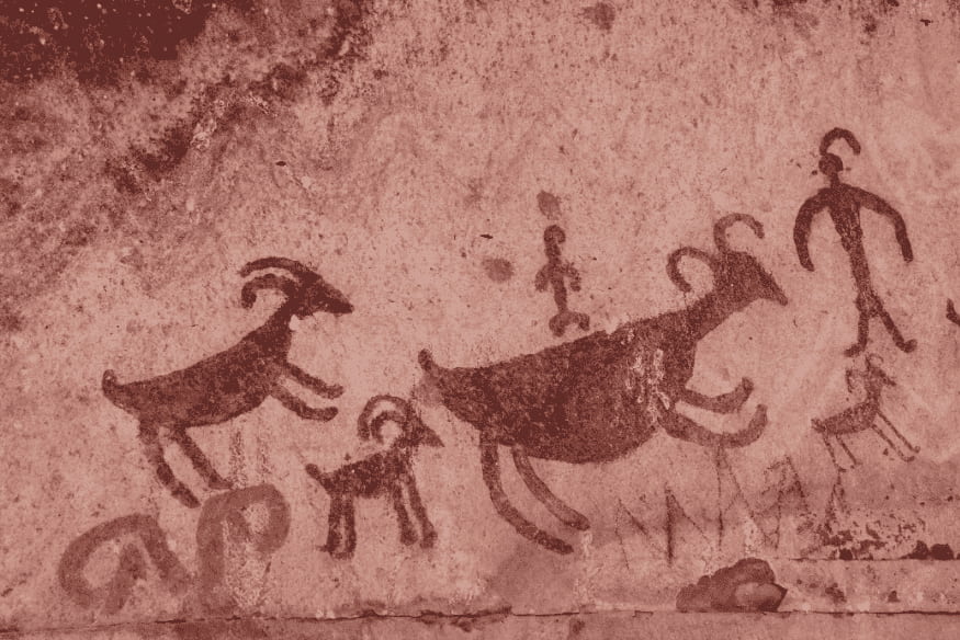 Pintura rupestre representando figuras humanas e cabras, possivelmente ligadas a observações astronômicas primitivas