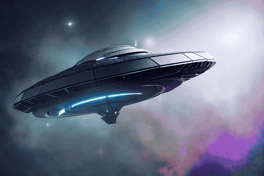 Nave espacial futurista voando em região interestelar com nuvens de gás ao fundo.