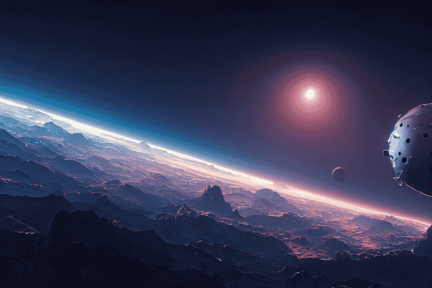 Superfície alienígena com horizonte curvado, céu escuro e artefato tecnológico não identificado.