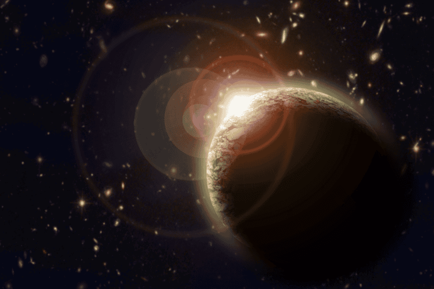 Representação artística de planeta iluminado por uma estrela no universo