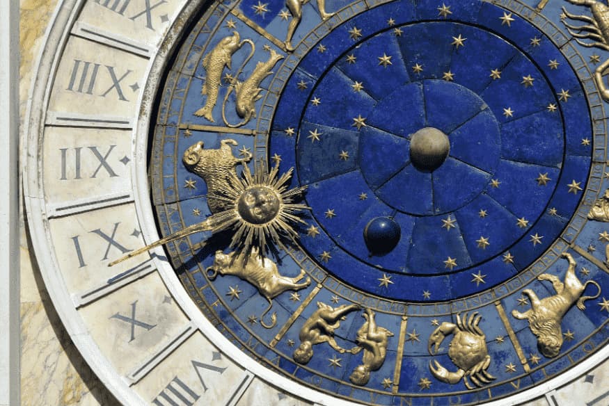 Detalhe de relógio astronômico com símbolos dos signos do zodíaco em fundo azul