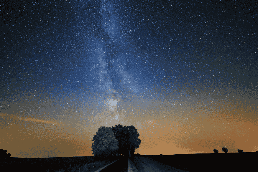 Via Láctea visível no céu noturno sobre estrada cercada de árvores