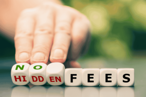Dice spelling out “NO HIDDEN FEES” with a hand adjusting the message