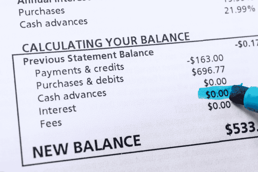 Credit card statement showing a $0.00 charge highlighted in blue for cash advances and interest