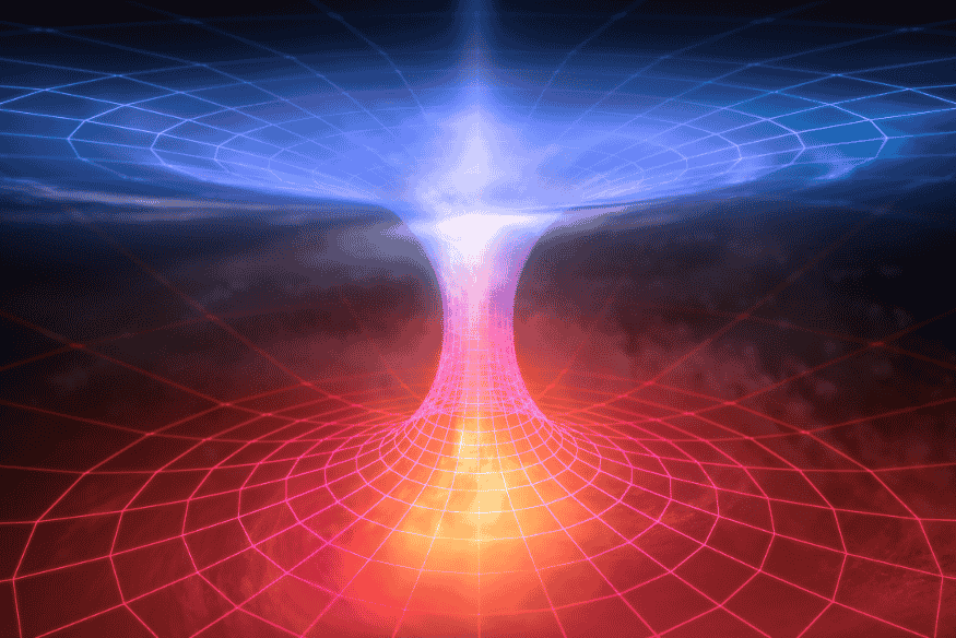 Representação tridimensional de um buraco de minhoca com malha de espaço-tempo em cores vibrantes.