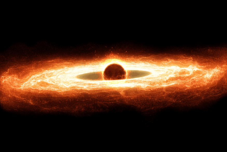 Ilustração de buraco negro cercado por plasma incandescente em disco de acreção.