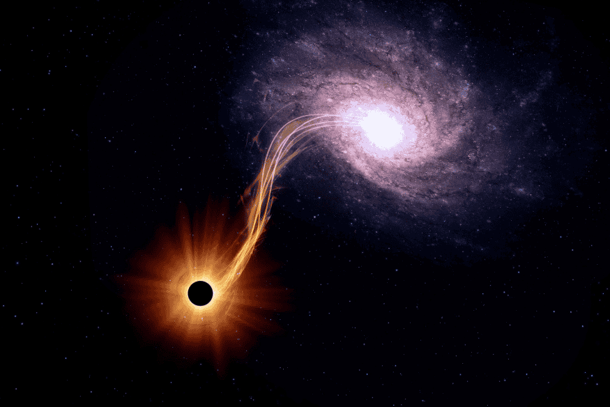 Simulação de um buraco negro puxando matéria de uma galáxia espiral próxima.