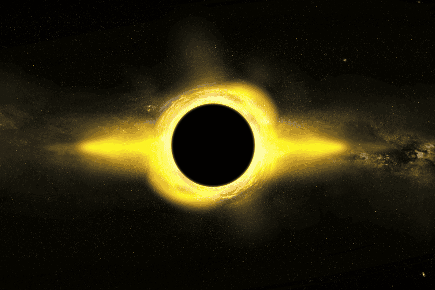 Visualização artística de um buraco negro supermassivo com halo luminoso no centro de uma galáxia ativa.