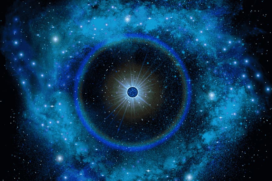 Representação artística de uma estrela massiva em colapso com emissão de energia.