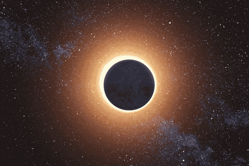 Eclipse solar total visto do espaço com a coroa solar visível ao redor.