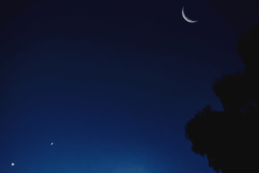 Céu noturno com lua crescente e dois planetas visíveis próximos, com silhueta de árvore ao fundo.