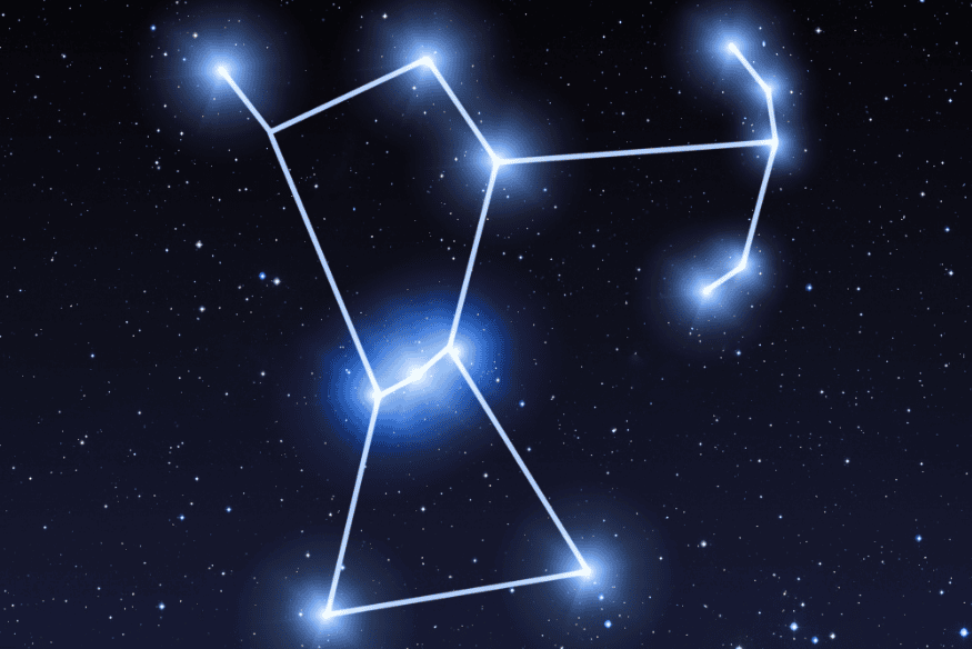 Ilustração da constelação de Órion destacada no céu estrelado