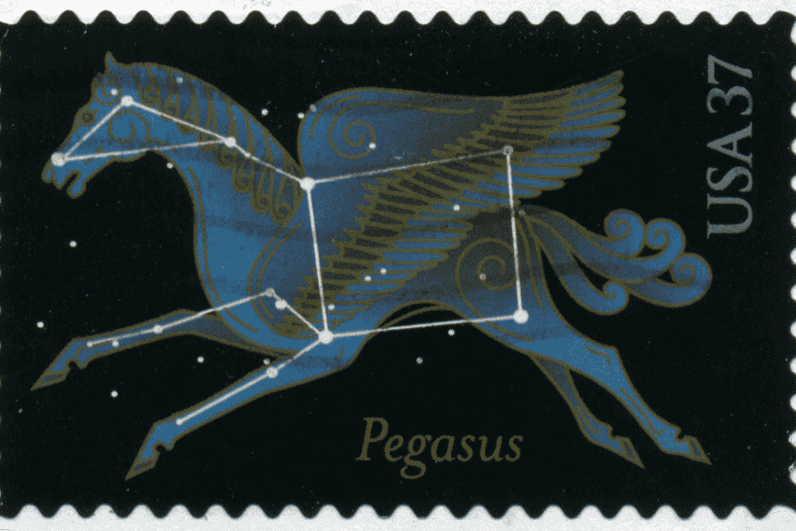 Selo postal dos EUA com a constelação de Pégaso sobre ilustração de cavalo alado