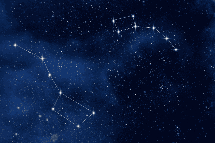 Ilustração das constelações Ursa Maior e Ursa Menor no céu estrelado