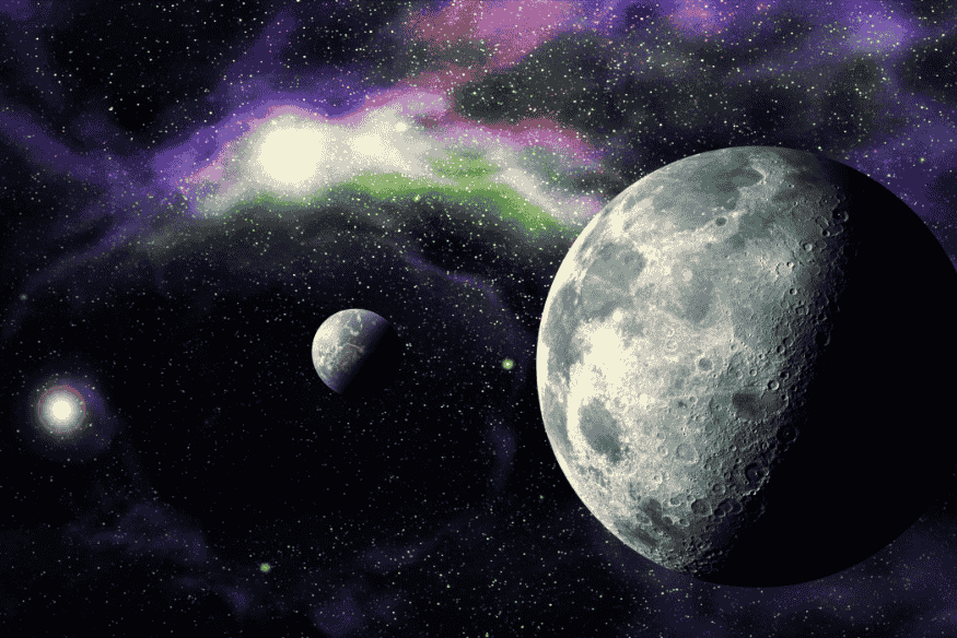 Ilustração de um sistema estelar com dois planetas em órbita e nebulosa colorida ao fundo, representando sistemas com exoplanetas.