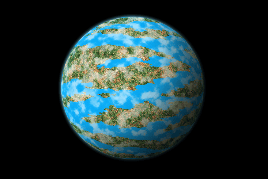 Exoplaneta fictício com atmosfera, oceanos e formações continentais, ilustrando mundos habitáveis fora do Sistema Solar.