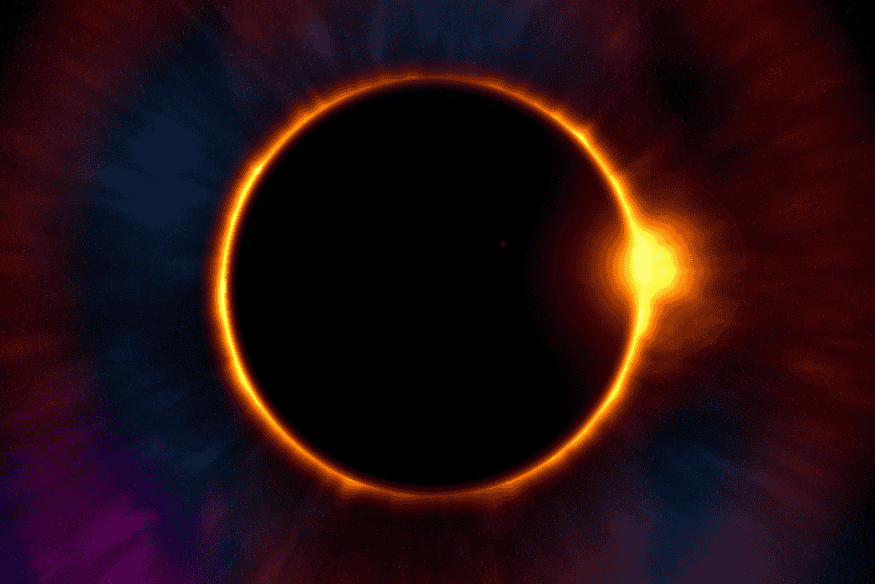 Efeito visual do anel de fogo durante um eclipse anular do Sol no espaço sideral.
