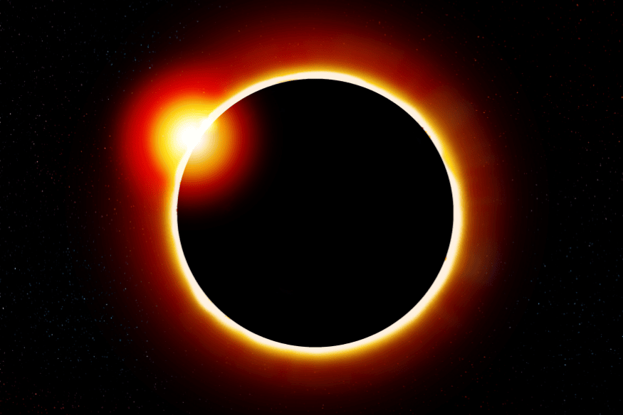 Eclipse solar total com destaque para a coroa solar brilhante em contraste com o céu escuro.