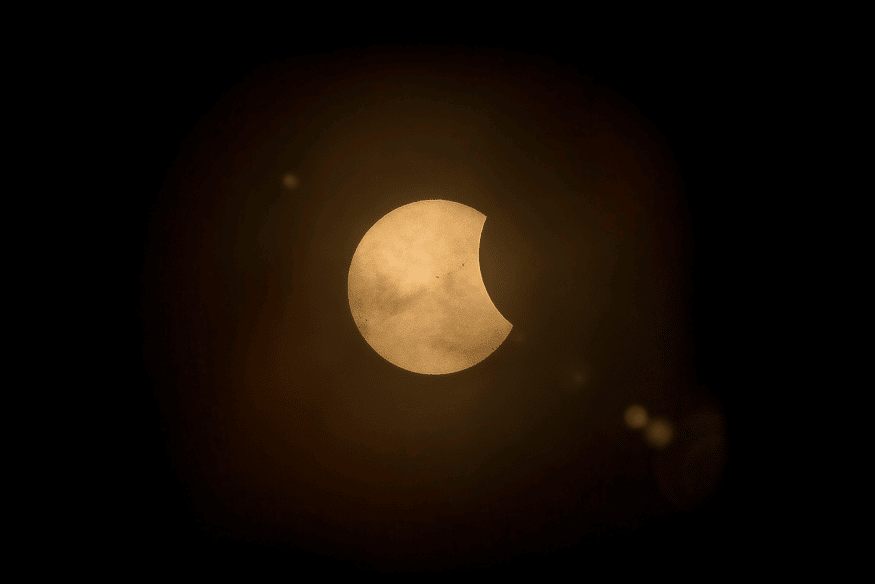 Eclipse solar parcial mostrando a lua cobrindo parte do sol contra um fundo escuro.