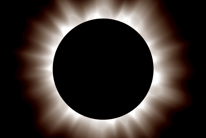 Coroa solar em evidência durante um eclipse solar total, com o sol completamente coberto pela lua.