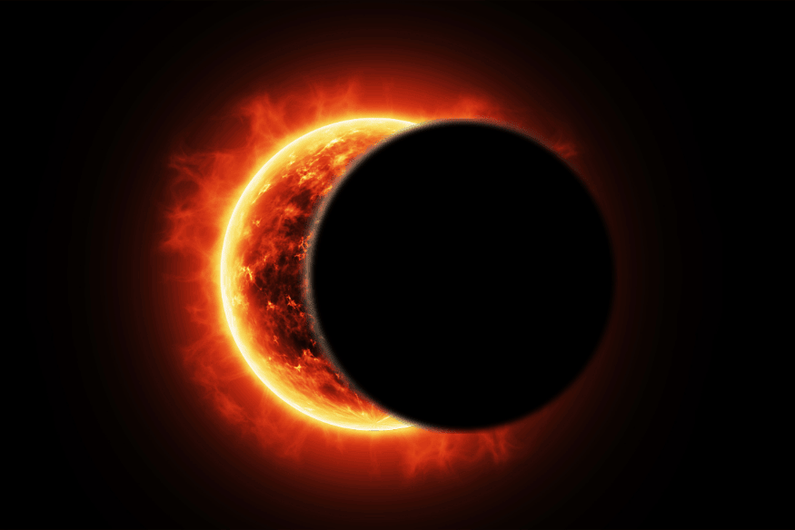 Eclipse solar parcial mostrando a superfície do sol com erupções solares visíveis ao redor da lua.