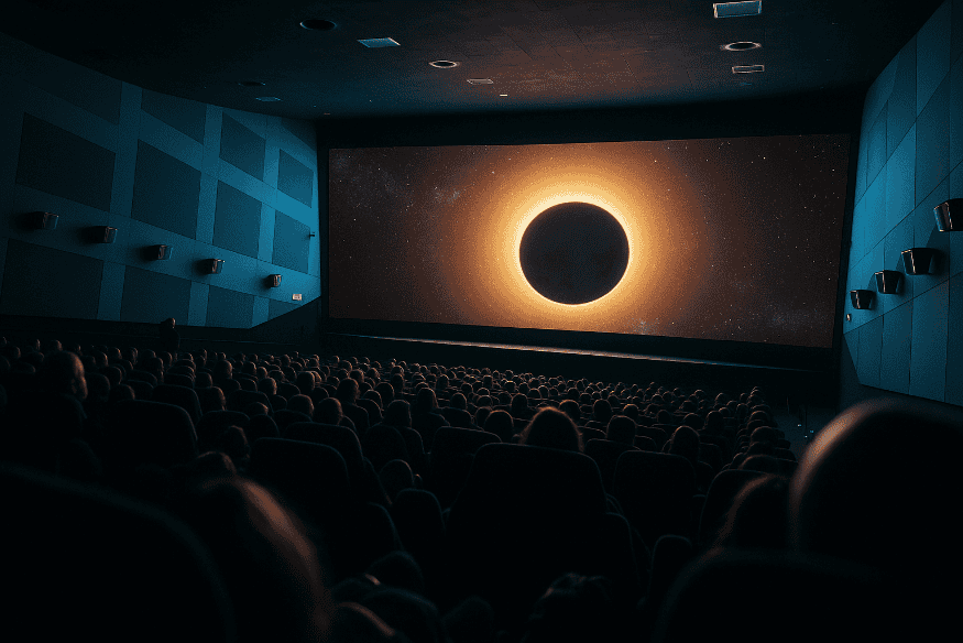 Público em uma sala de cinema assistindo a um eclipse solar em tela grande.