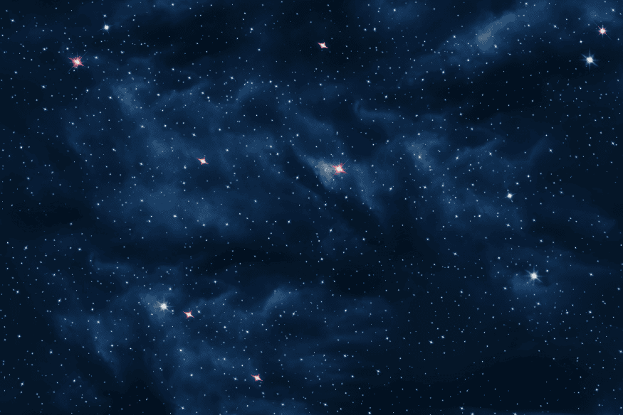 Céu noturno estrelado com estrelas de brilho variado entre nuvens escuras de gás cósmico.