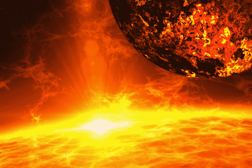 Exoplaneta rochoso incandescente próximo a uma estrela ativa, com intensa radiação.