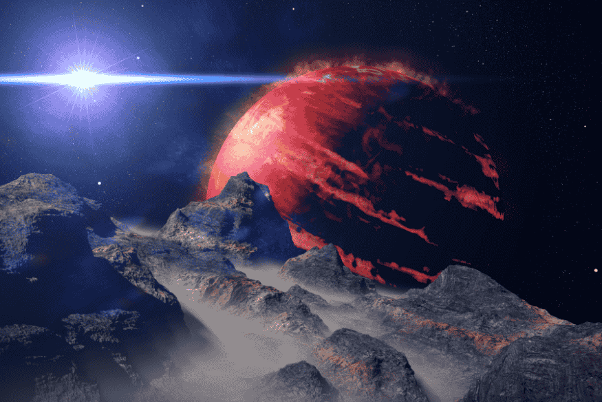 Exoplaneta gigante vermelho visto de uma superfície rochosa com estrela brilhando ao fundo.