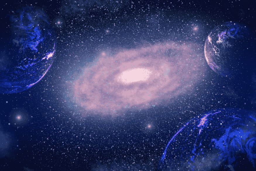 Ilustração de galáxia no centro do universo cercada por planetas e estrelas em um espaço infinito.
