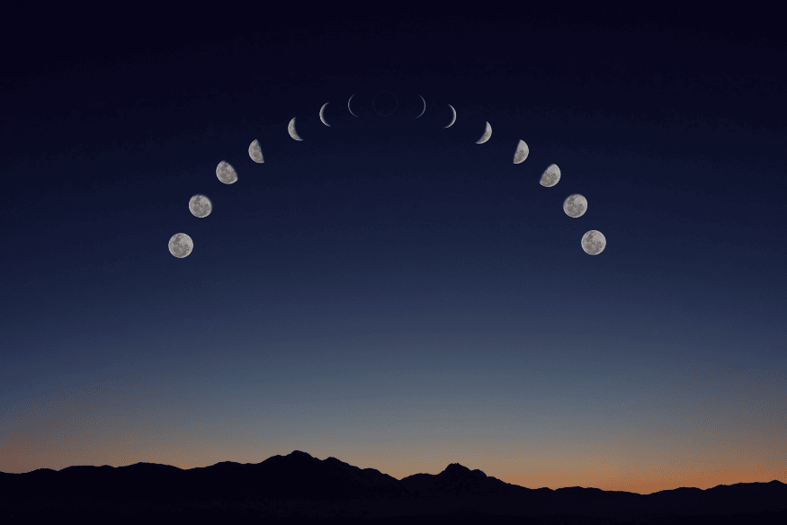 Montagem com todas as fases da lua ao longo do ciclo lunar, sobre um céu ao entardecer.