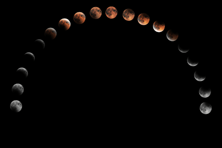 Montagem mostrando todas as fases do eclipse lunar em arco no céu escuro.