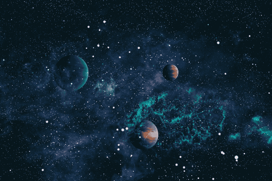 Planetas dispersos em meio a estrelas e nebulosas dentro de uma galáxia.
