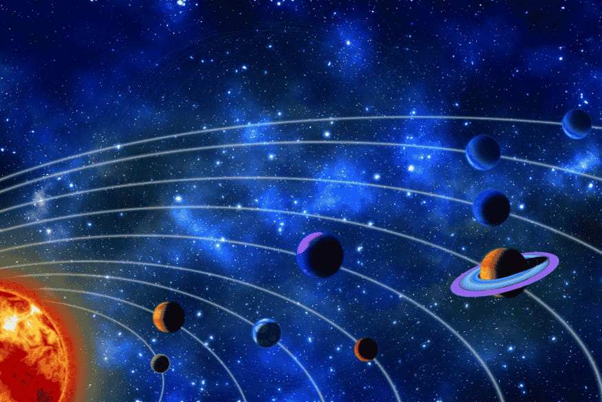 Ilustração artística do sistema solar com todos os planetas orbitando o Sol em um fundo cósmico azul.