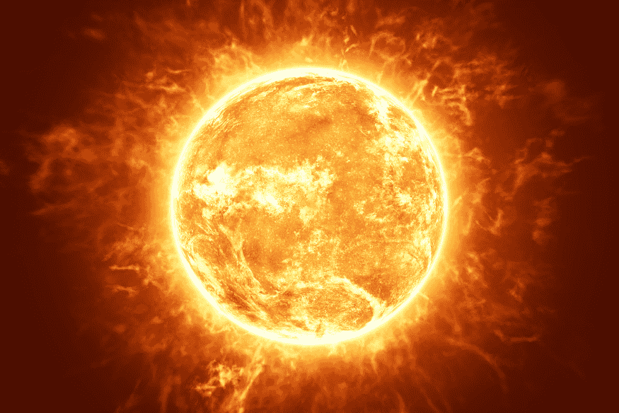 Imagem do Sol em alta definição com intensa atividade solar visível, incluindo proeminências e ejeções de plasma.