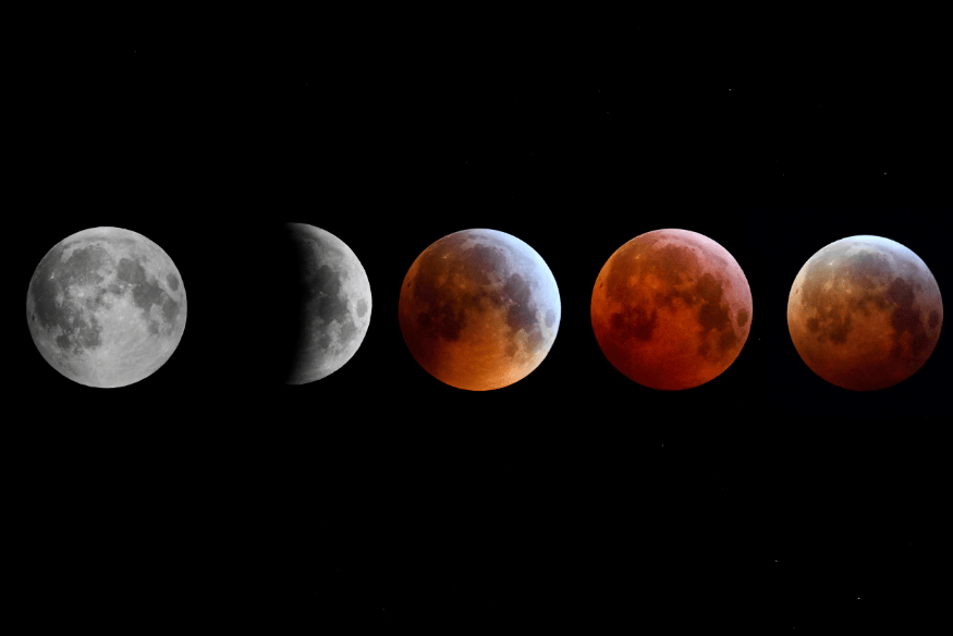 Sequência das fases de um eclipse lunar total, da lua cheia até a coloração avermelhada da lua de sangue.