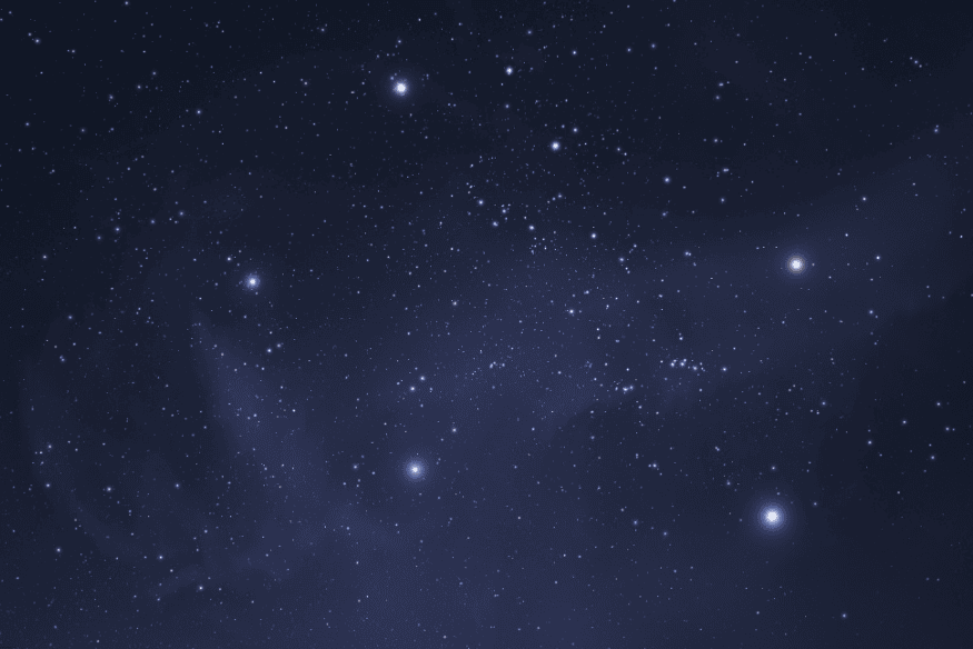 Céu noturno estrelado com destaque para constelações visíveis a olho nu.