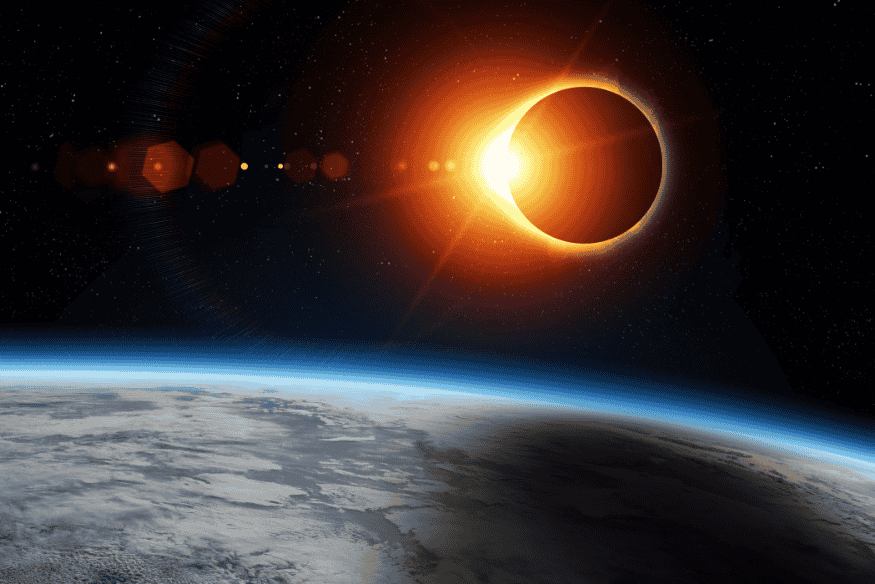 Imagem de eclipse solar total visto do espaço com parte da Terra visível em primeiro plano.