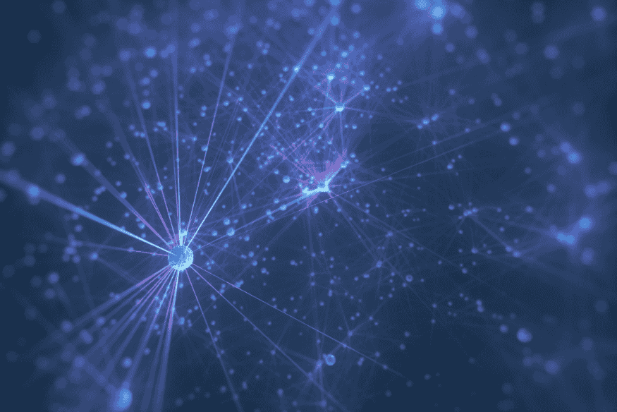 Visualização de redes neurais artificiais conectadas, representando algoritmos de inteligência artificial usados em pesquisas astronômicas.