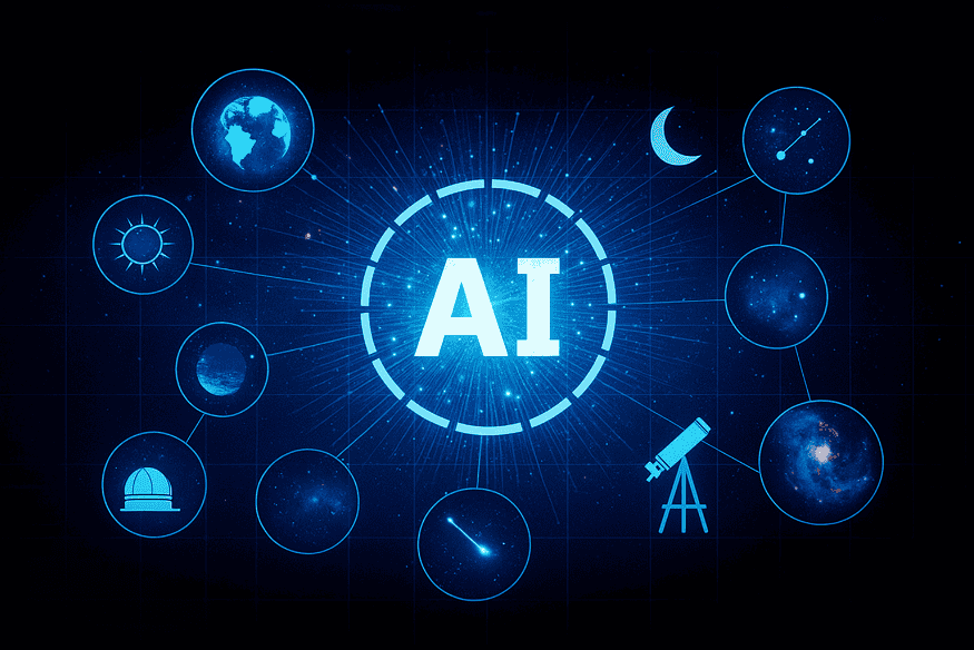 Diagrama representando a inteligência artificial conectada a ícones de astronomia, como telescópio, estrelas e planetas.