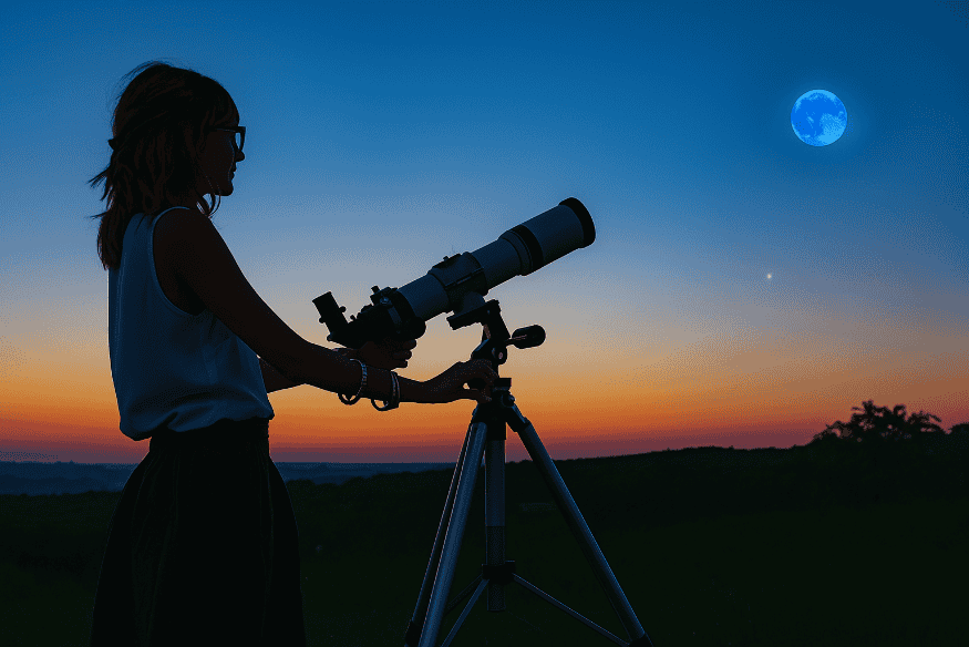 Mulher observando a lua azul com telescópio durante o pôr do sol em campo aberto.