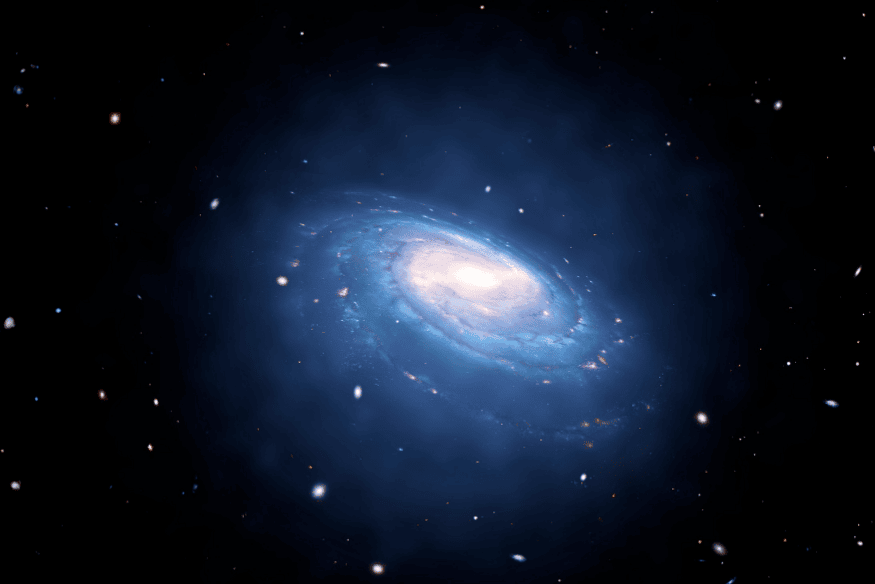 Representação artística de uma galáxia espiral com halo de matéria escura ao redor.