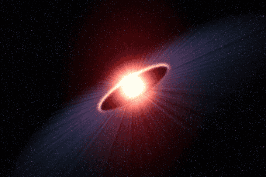 Explosão de supernova com brilho intenso e ejeção de matéria no espaço.