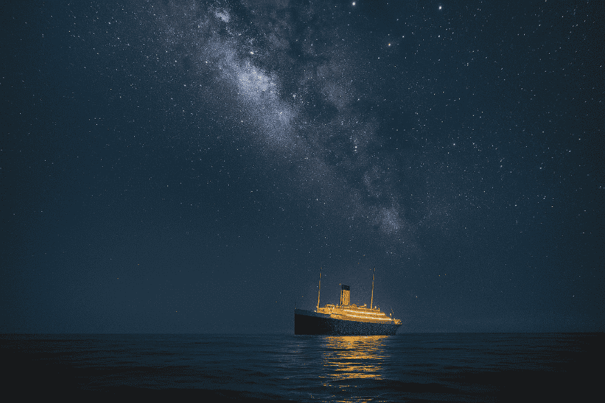 Navio iluminado navegando à noite sob a Via Láctea visível no céu