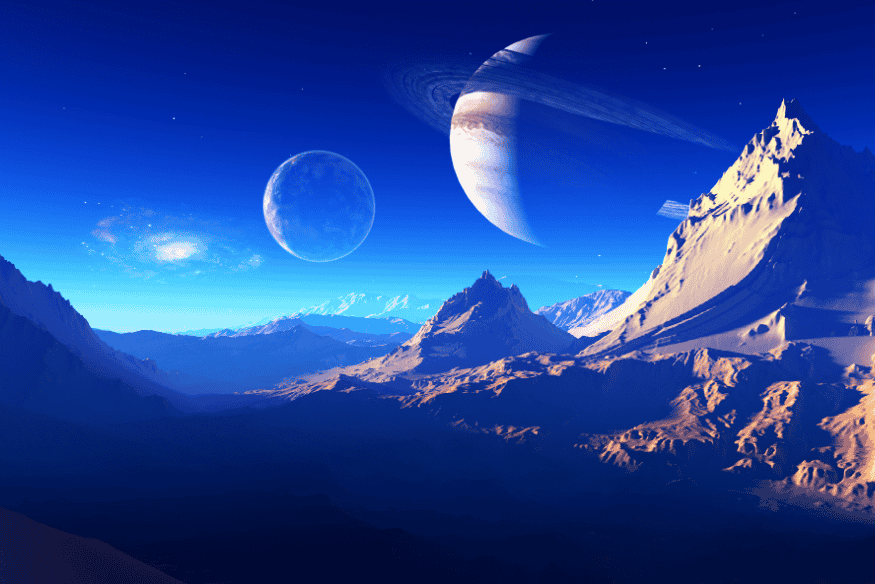 Paisagem alienígena com montanhas e planetas visíveis no céu, incluindo Saturno com anéis.