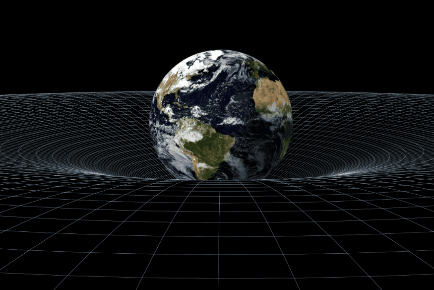 Simulação da Terra curvando o espaço-tempo em uma malha tridimensional.