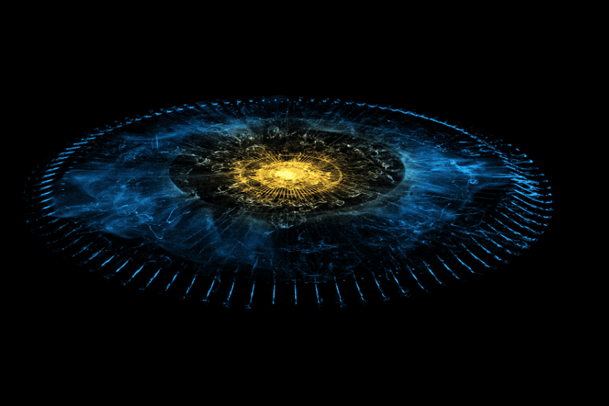 Representação artística de uma explosão cósmica gerando ondas gravitacionais no tecido do espaço-tempo.